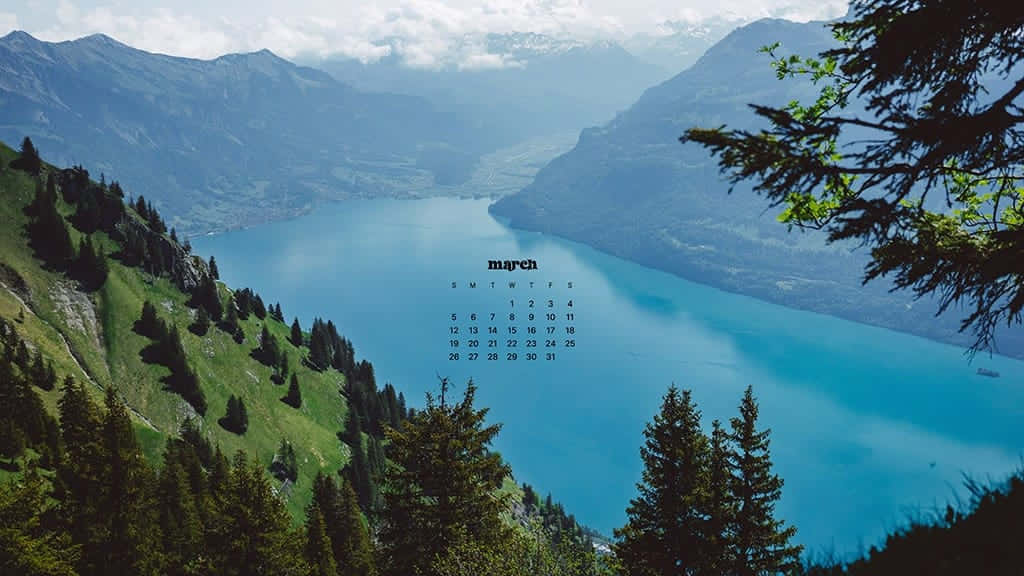 March Desktop, mountain lake, lush green pine trees, SD Desktop Wallpaper