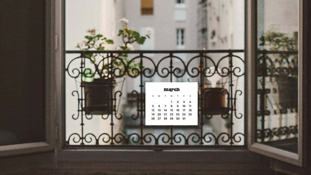 March calendar, ornate wrought iron balcony railing, potted plants, SD Desktop Wallpaper