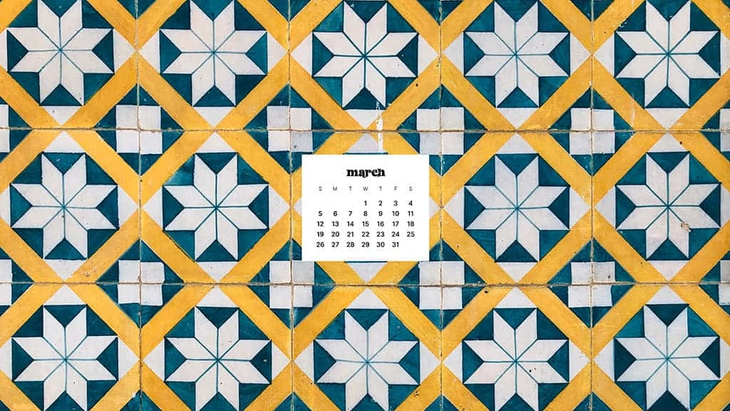 March calendar, vibrant yellow blue and white geometric tile wall, starburst patterns, SD Desktop Wallpaper