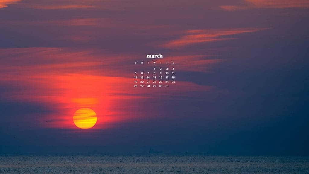 March calendar, sunset, calm ocean waters, SD Desktop Wallpaper