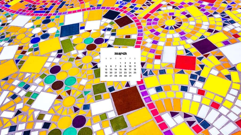 March calendar, geometric mosaic floor, colorful tiles, SD Desktop Wallpaper