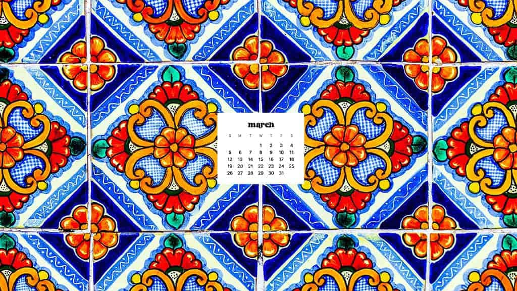 March calendar, vibrant blue, red, SD Desktop Wallpaper