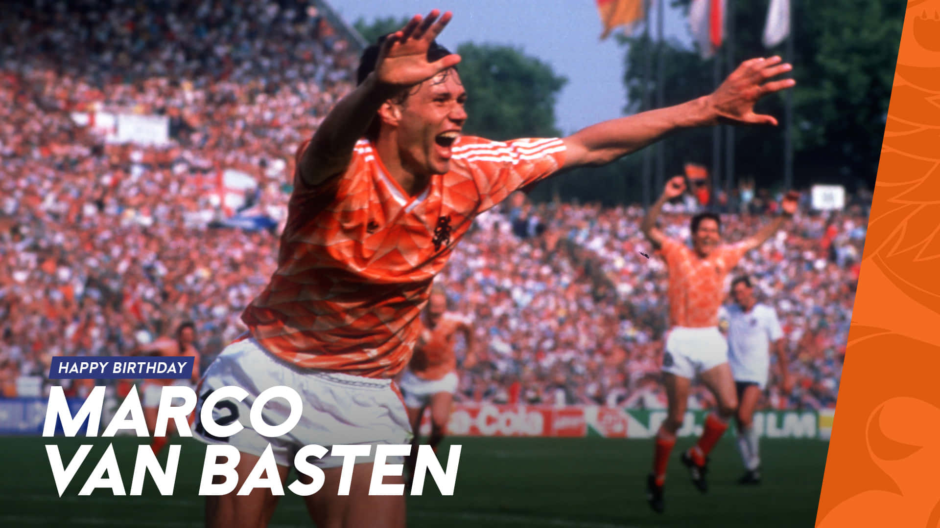 Marco Van Basten, orange Netherlands jersey, roaring stadium crowd, Full HD Desktop Wallpaper