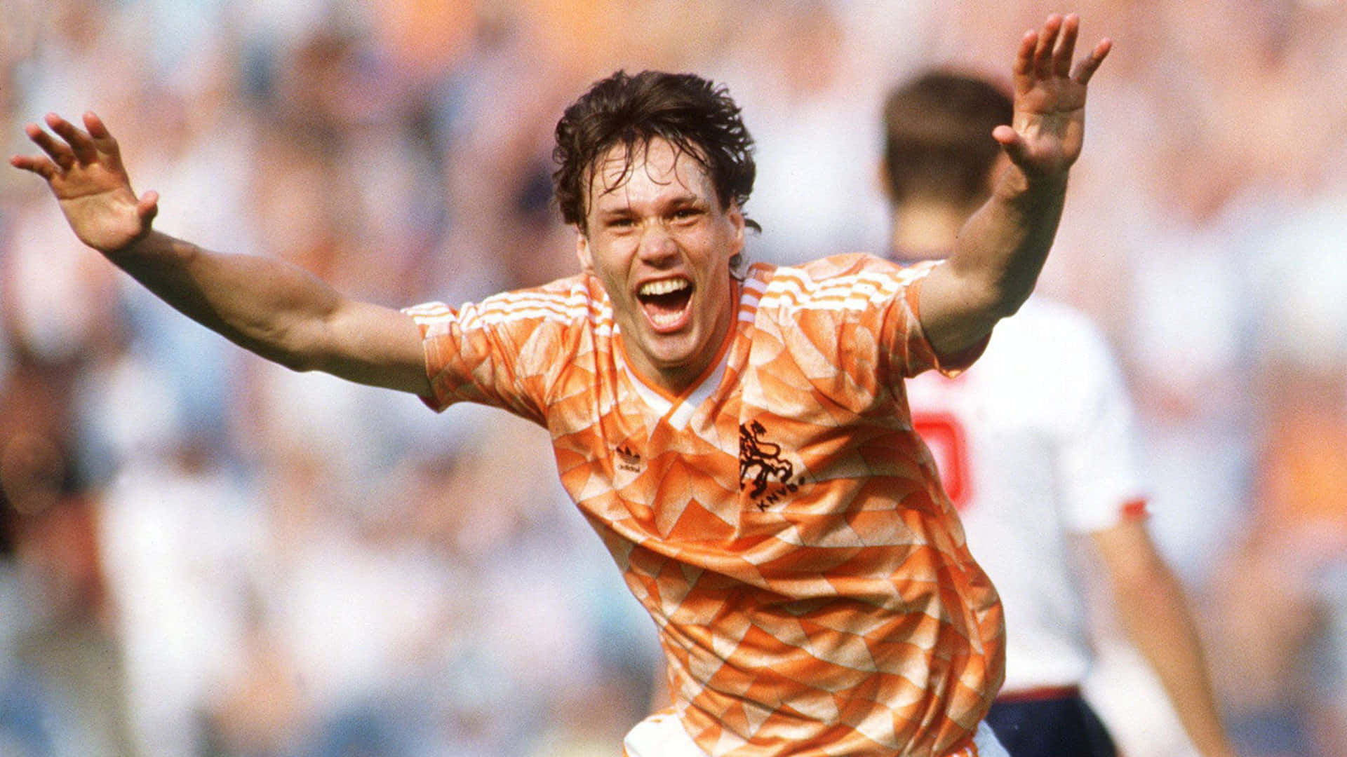 Marco Van Basten, orange geometric jersey, stadium crowd, Full HD Desktop Wallpaper