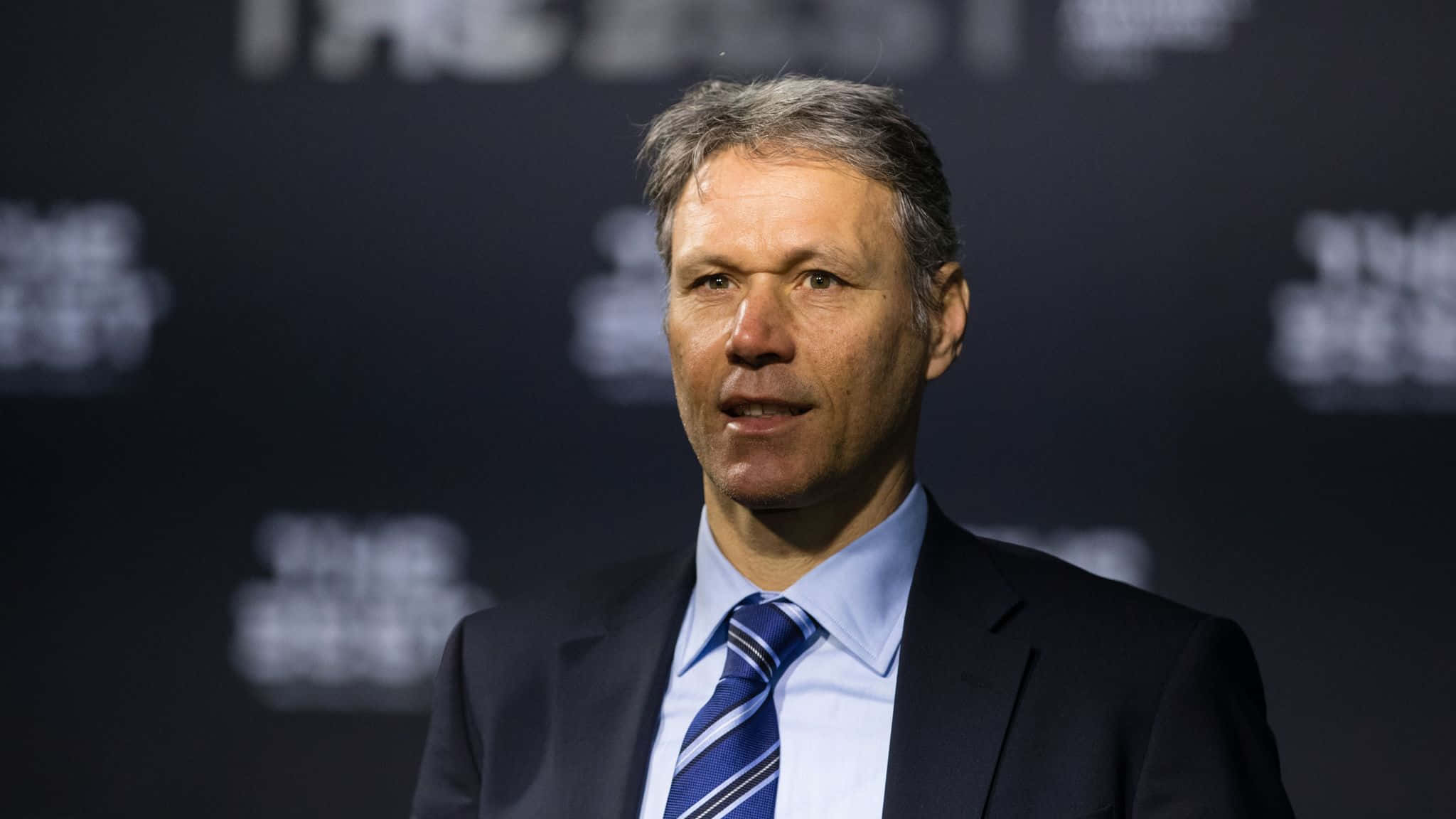 Marco Van Basten, dark suit, blue striped tie, Full HD Desktop Wallpaper