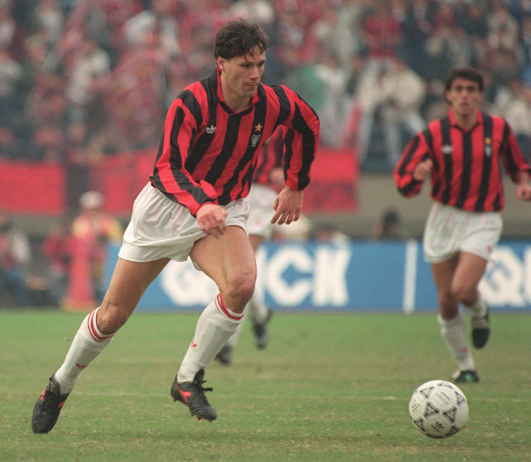 Marco Van Basten, red and black stripes, grass field, Full HD Desktop Wallpaper