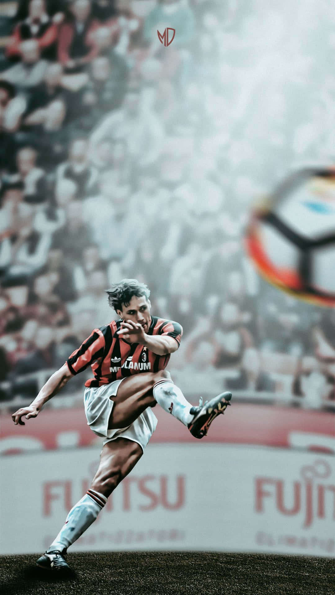 Marco Van Basten, red and black stripes, kicking the ball, Full HD Phone Wallpaper