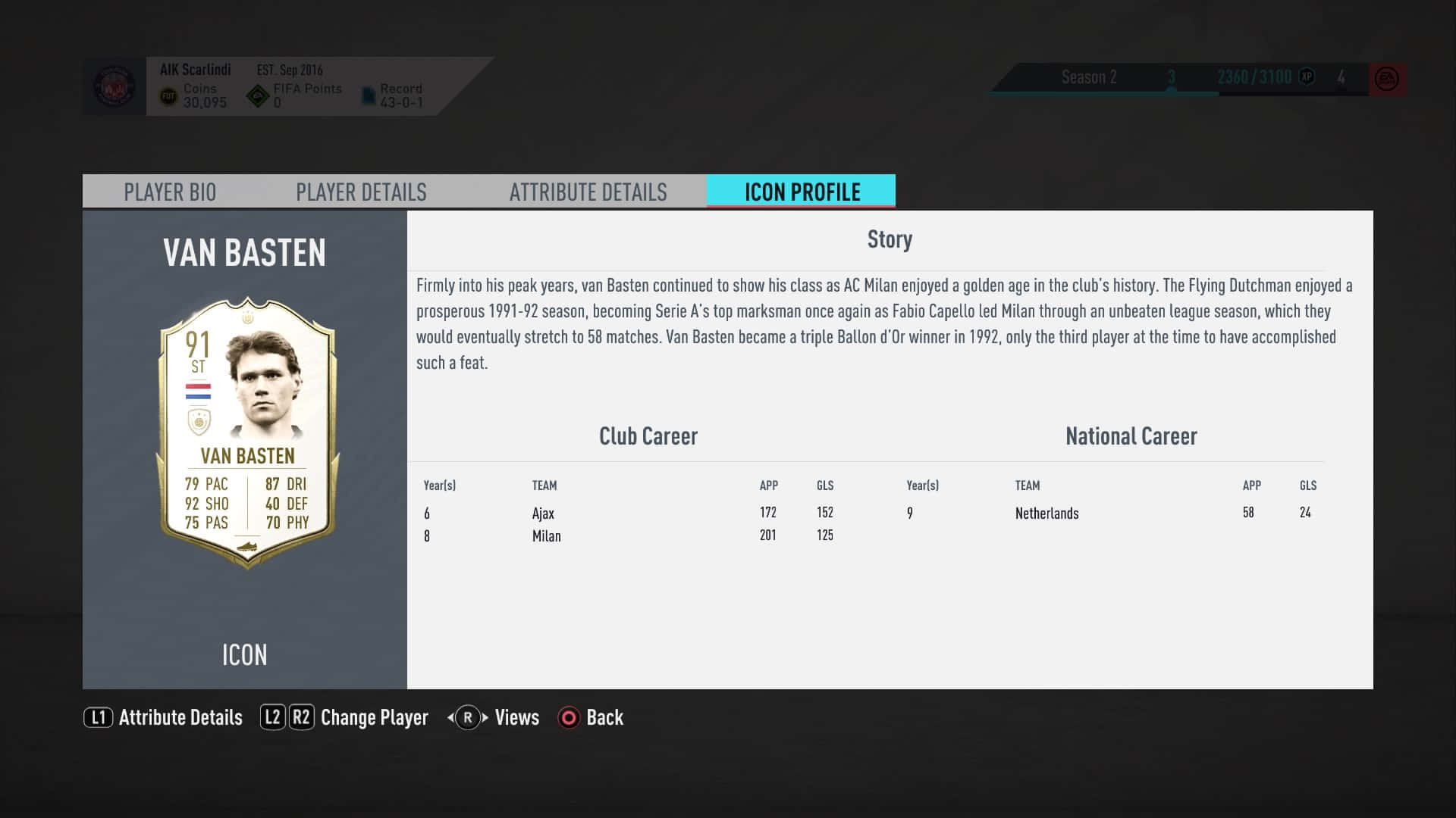 Marco Van Basten, dark UI, player profile screen, Full HD Desktop Wallpaper
