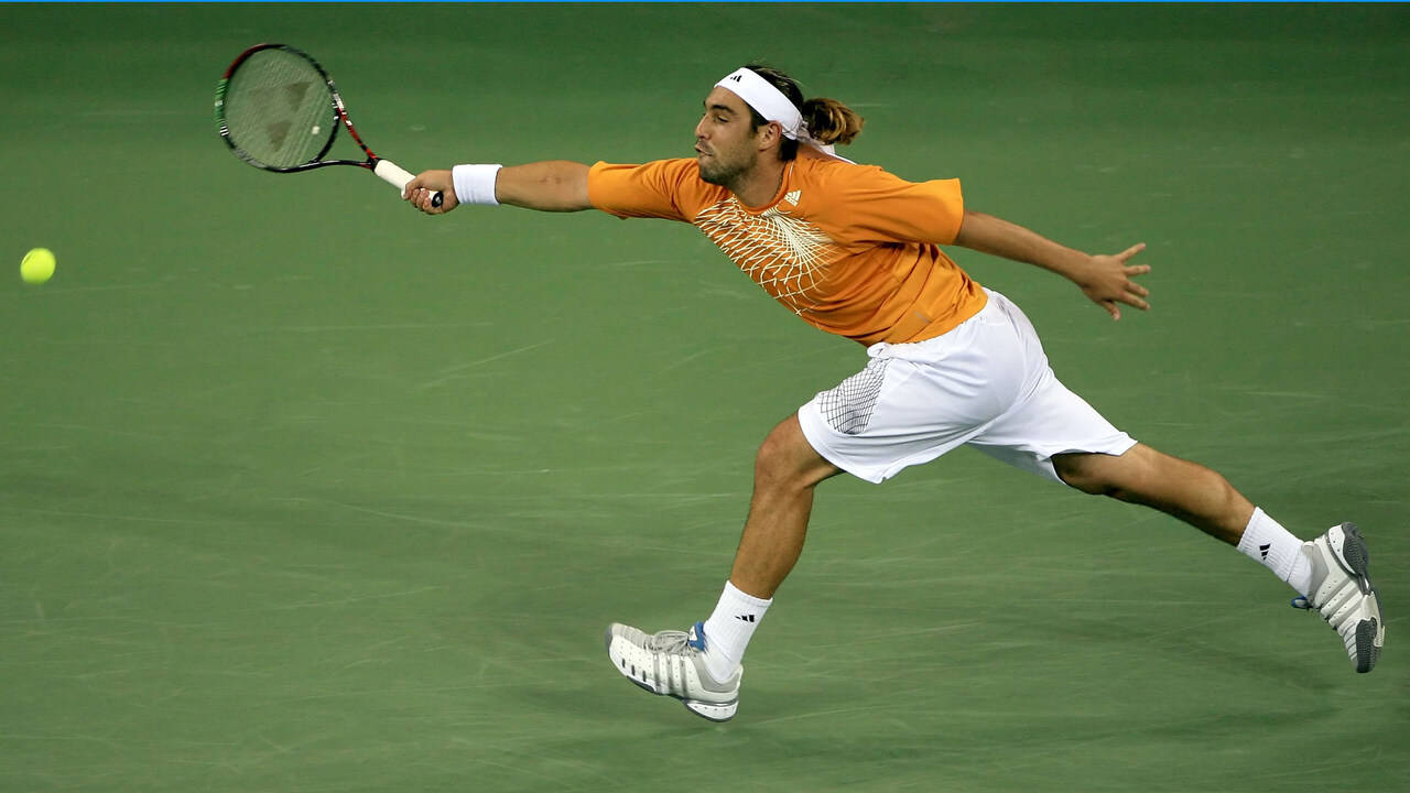 Marcos Baghdatis, orange shirt, white shorts, HD Desktop Wallpaper