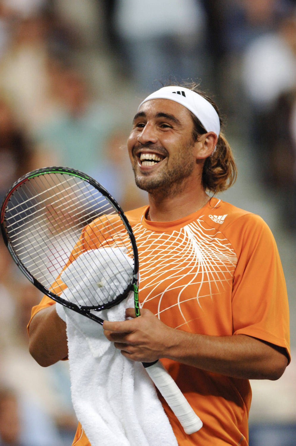 Marcos Baghdatis, orange shirt, racket, HD Phone Wallpaper