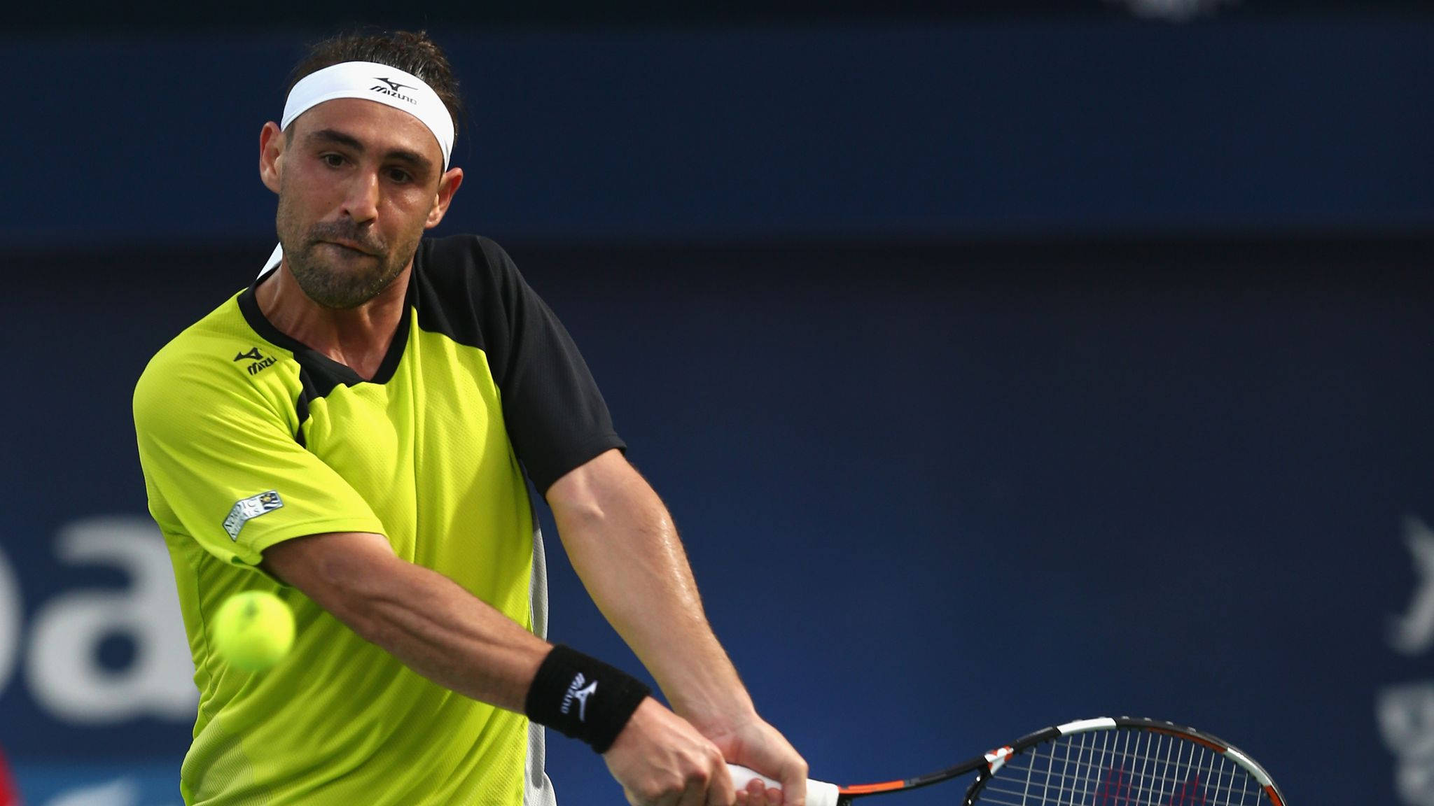 Marcos Baghdatis, neon yellow shirt, bright yellow tennis ball, Full HD Desktop Wallpaper