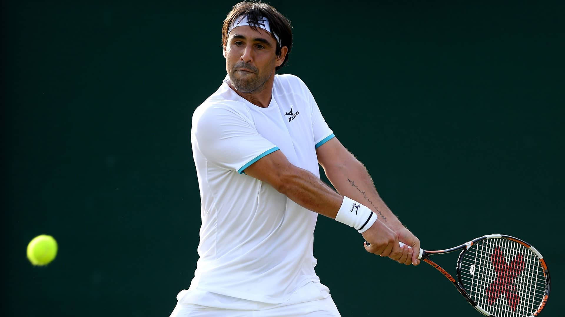 Marcos Baghdatis, white attire, bright yellow tennis ball, Full HD Desktop Wallpaper