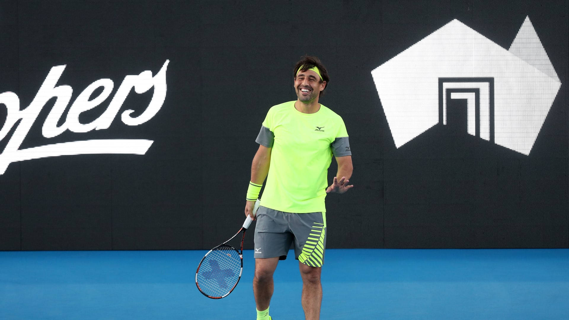 Marcos Baghdatis, neon gear, blue court, Full HD Desktop Wallpaper