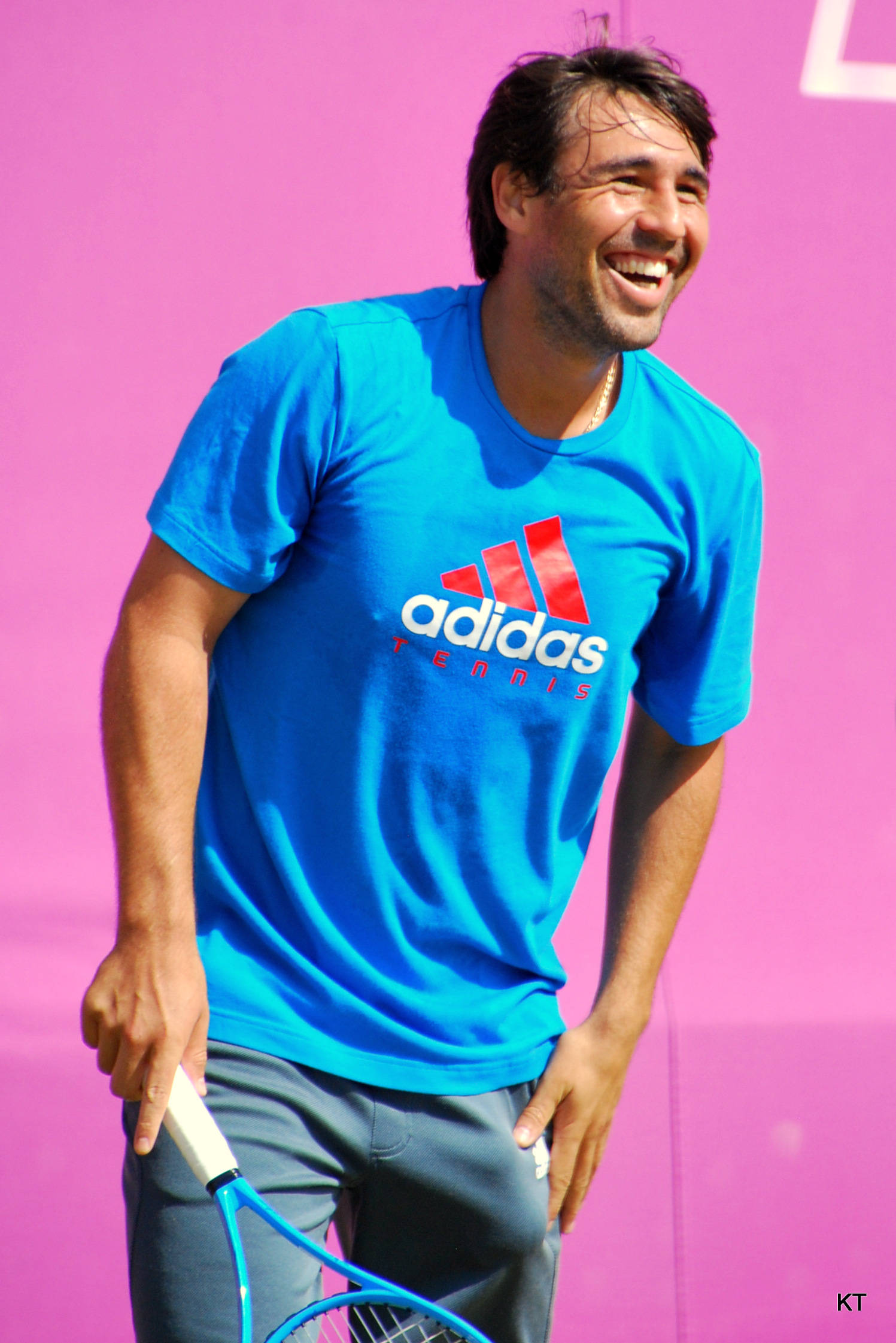 Marcos Baghdatis, blue adidas tennis shirt, tennis racket, Full HD Phone Wallpaper