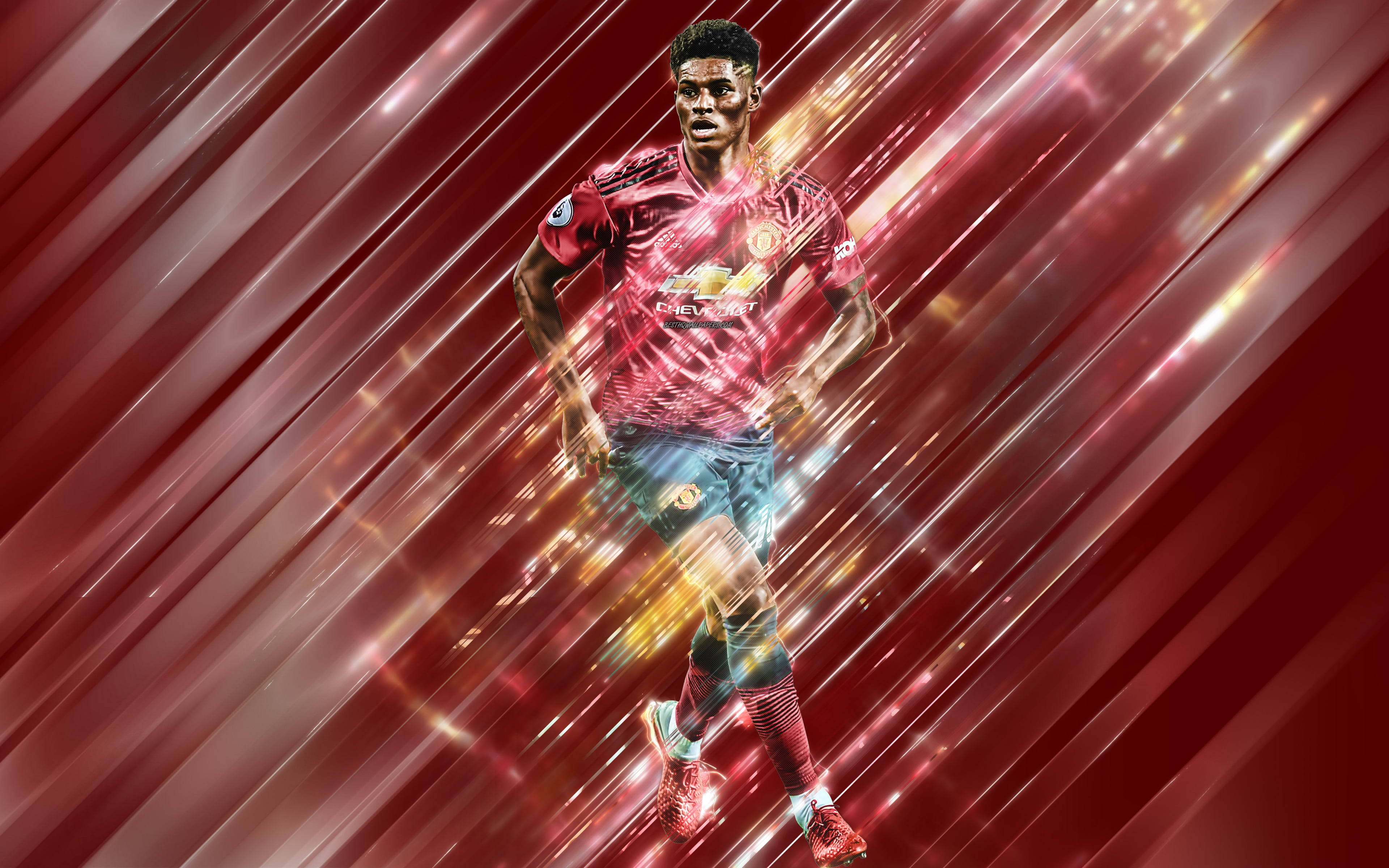Marcus Rashford, red Manchester United jersey, vibrant red and gold streaked background, 4K Desktop Wallpaper