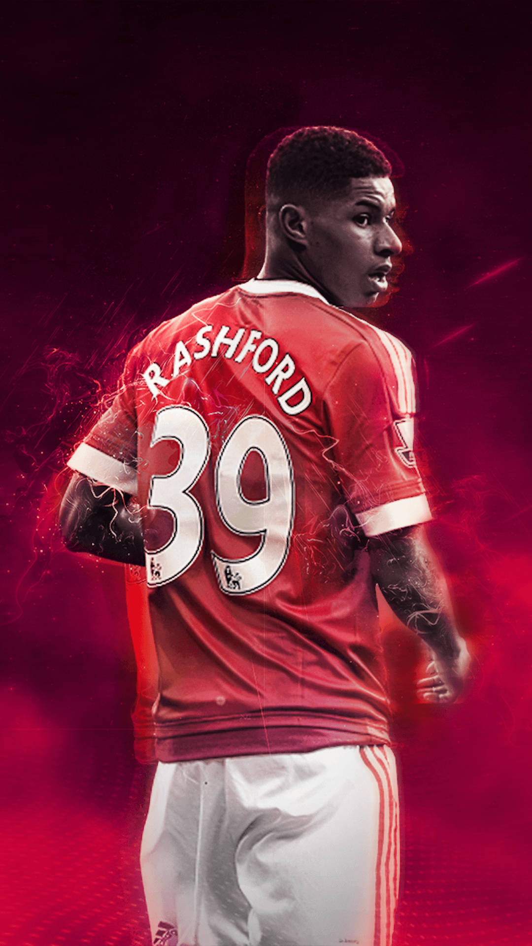 Marcus Rashford, red jersey number 39, electric red smoke background, Full HD Phone Wallpaper