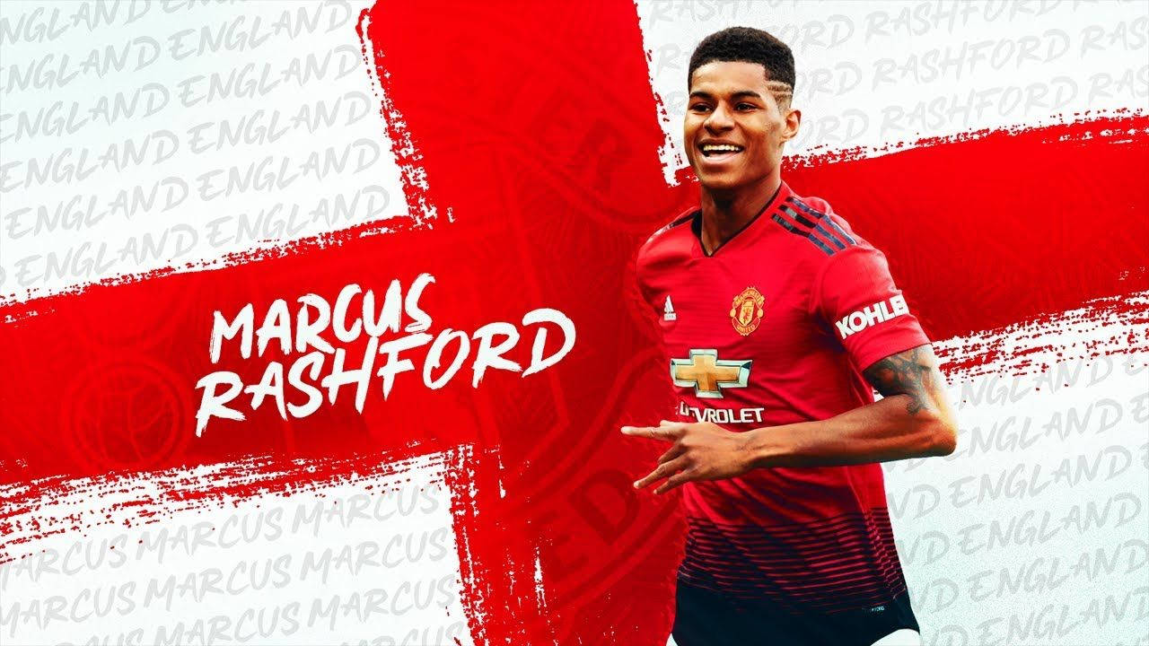 Marcus Rashford, red Manchester United jersey, red and white England flag, HD Desktop Wallpaper