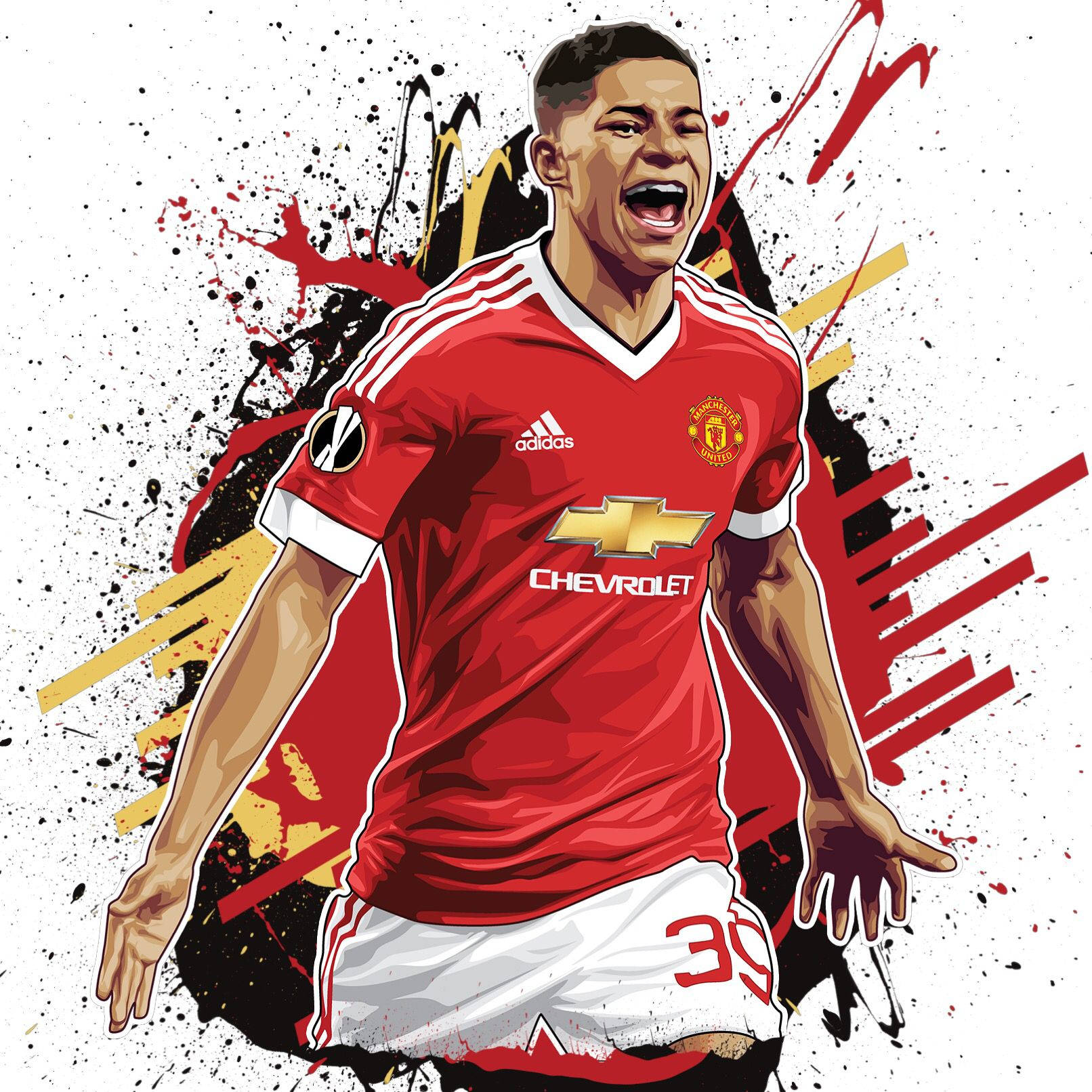 Marcus Rashford, red Manchester United jersey, splatter background, HD Desktop Wallpaper