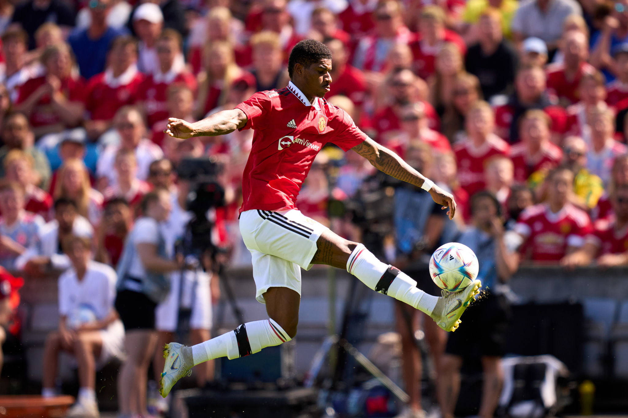 Marcus Rashford, red jersey, white ball, Full HD Desktop Wallpaper