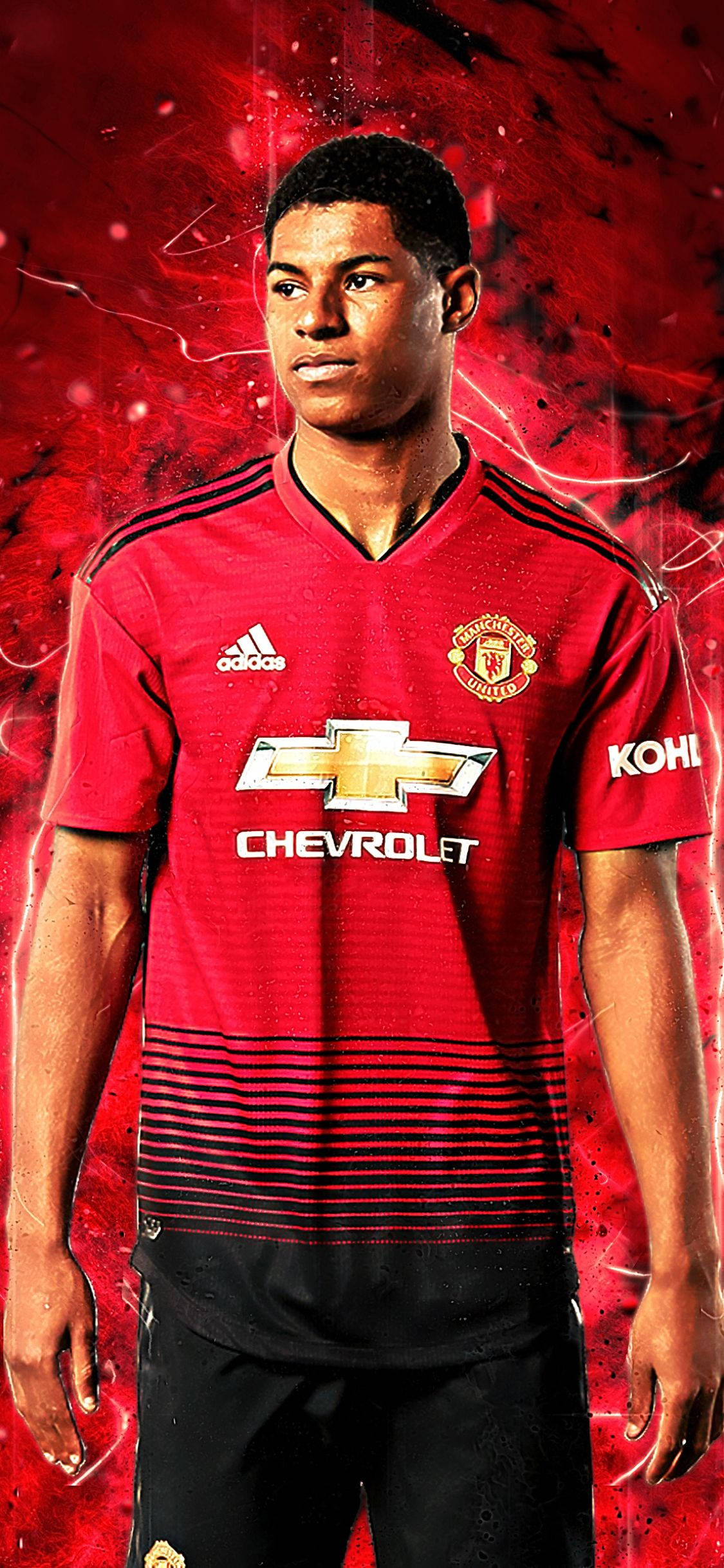 Marcus Rashford, red Manchester United jersey, red and black abstract background, Full HD Phone Wallpaper