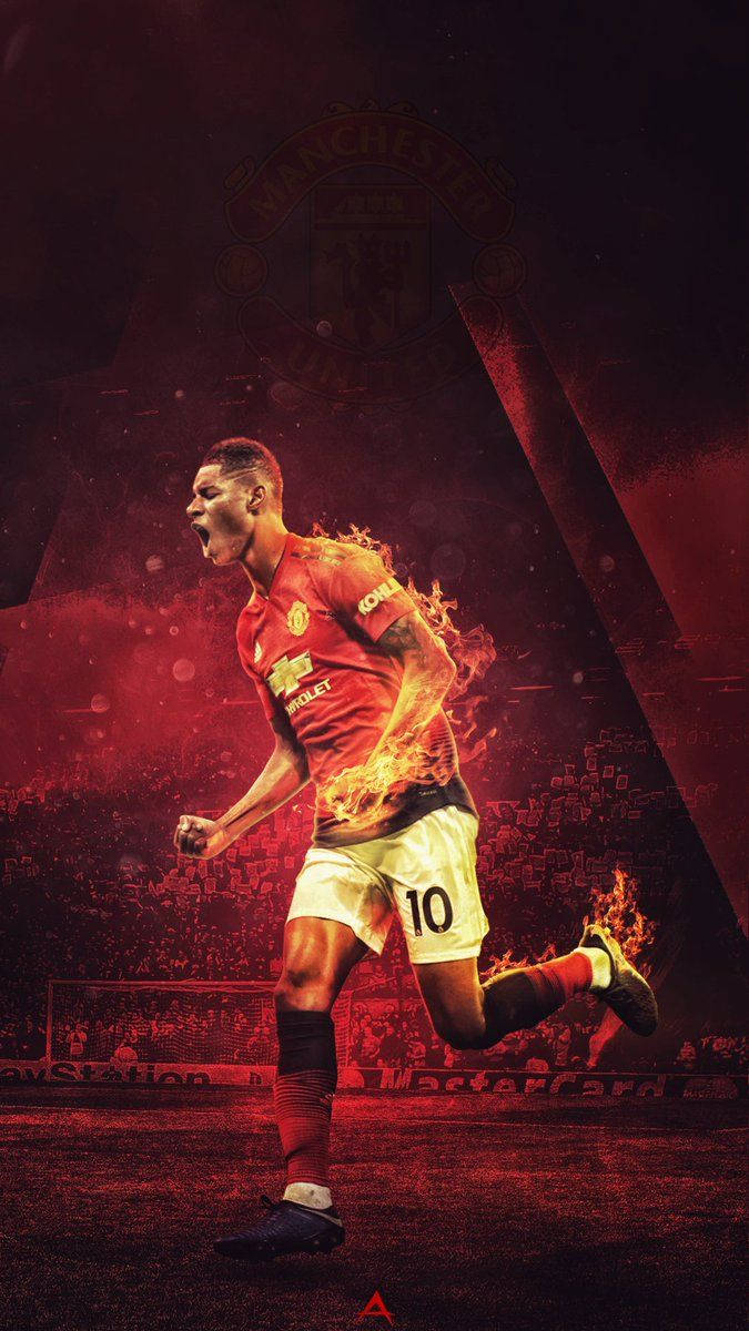 Marcus Rashford, red Manchester United jersey, flames, SD Phone Wallpaper