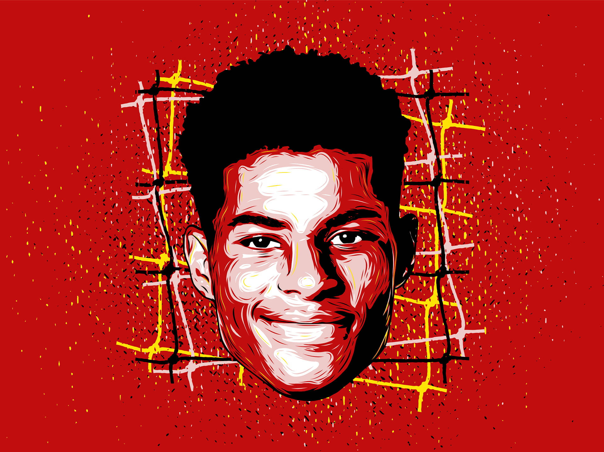 Marcus Rashford, vibrant red background, abstract yellow and black grid lines, Full HD Desktop Wallpaper