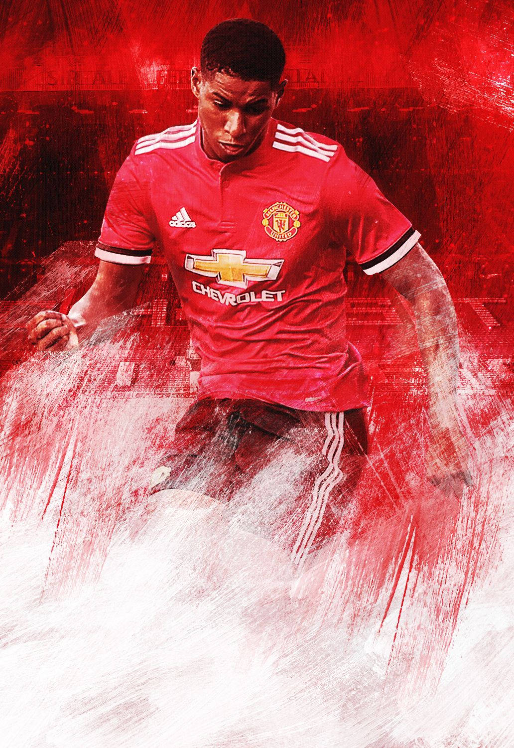 Marcus Rashford, red Manchester United jersey, red and white motion blur background, HD Phone Wallpaper