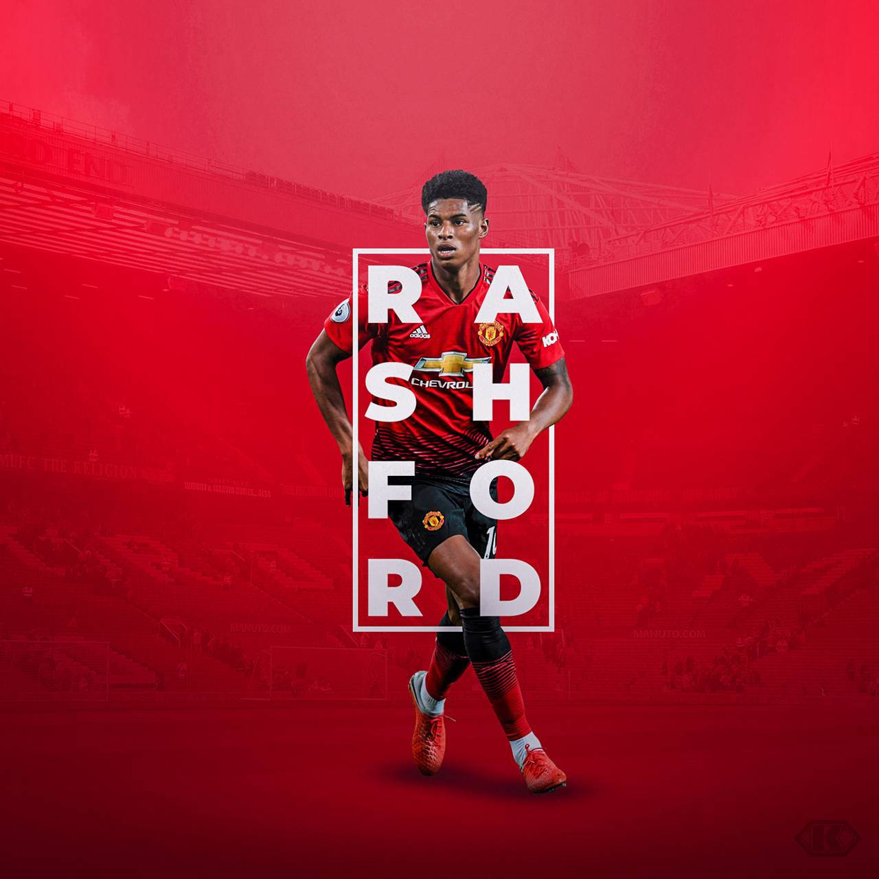 Marcus Rashford, red Manchester United kit, vibrant red stadium backdrop, HD Desktop Wallpaper