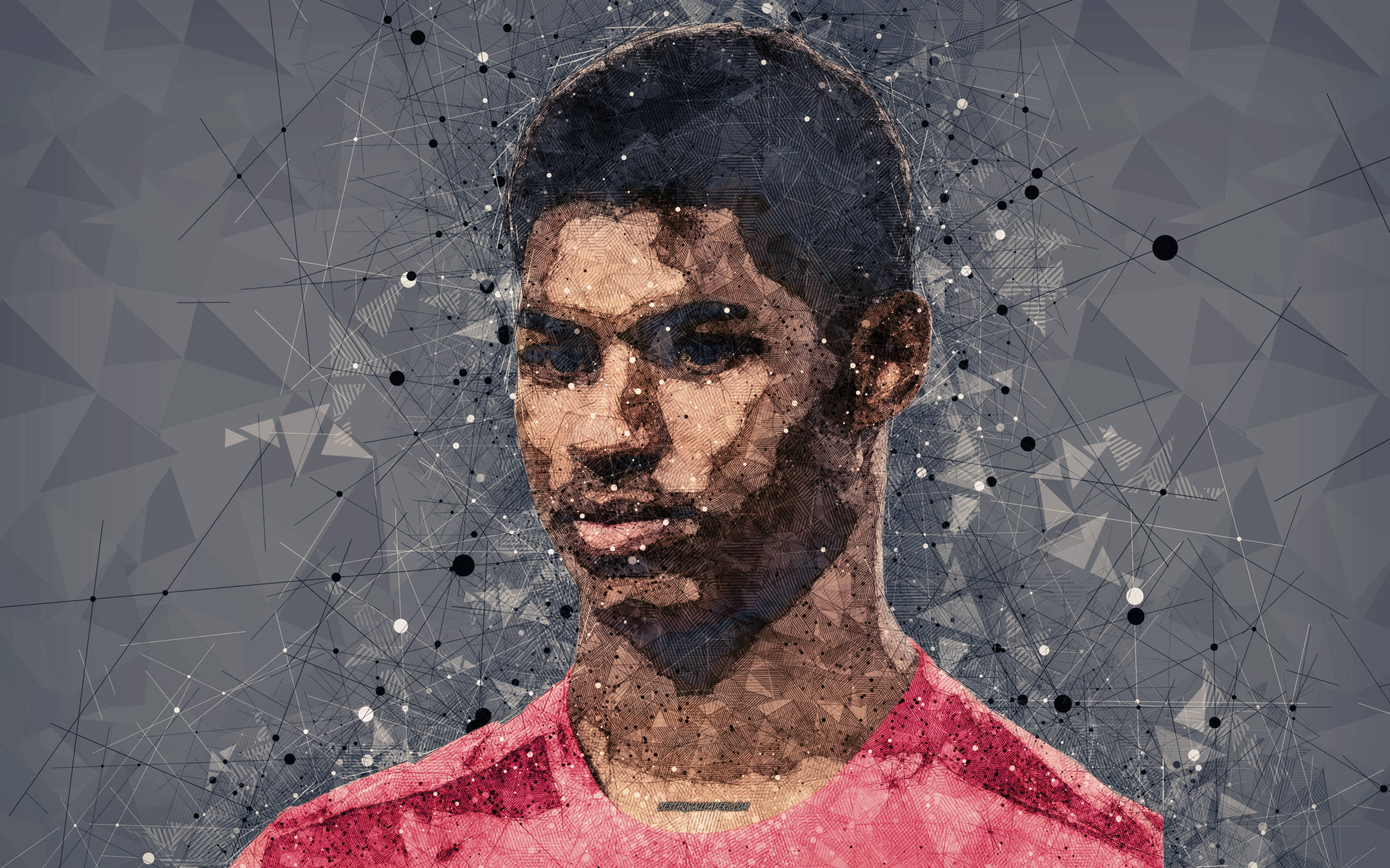 Marcus Rashford, red shirt, geometric particle effects, 4K Desktop Wallpaper