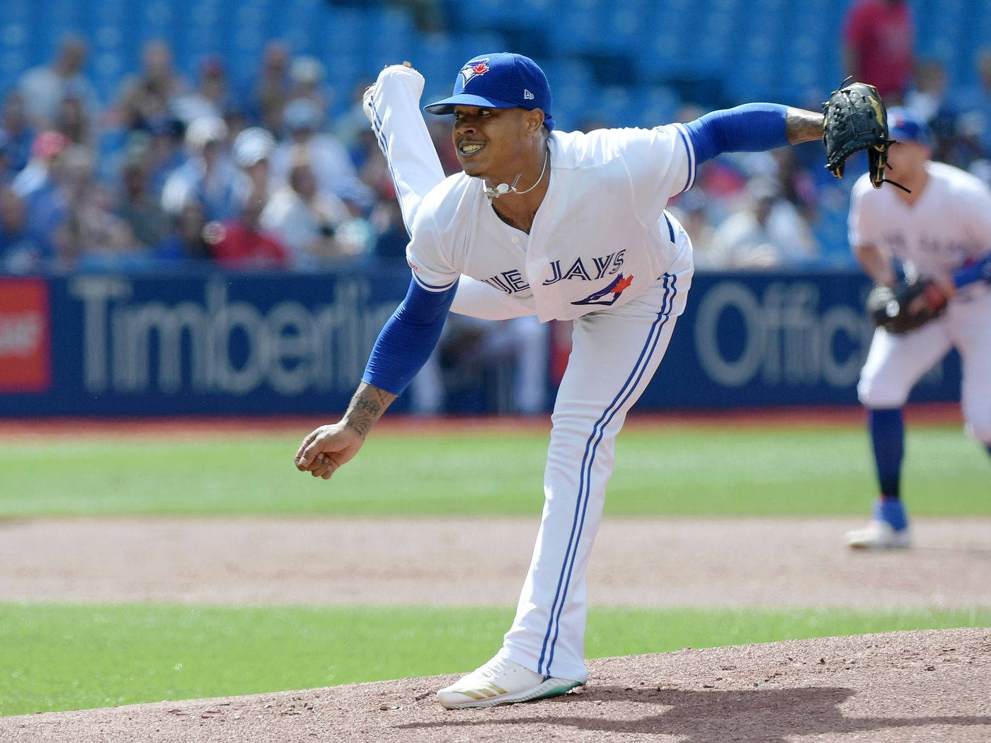 Marcus Stroman, white and blue uniform, sunlit field, HD Desktop Wallpaper