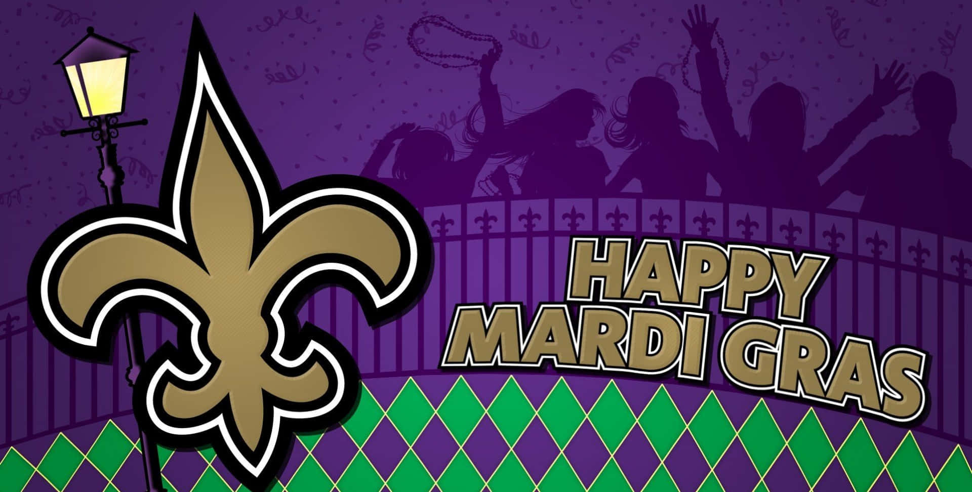 Mardi Gras, golden fleur-de-lis, silhouetted revelers, Full HD Desktop Wallpaper