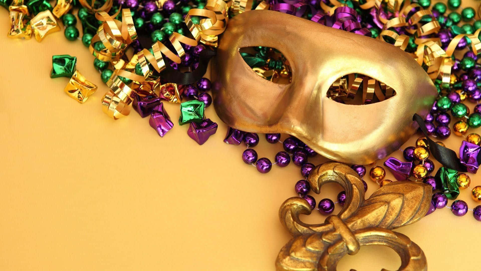 Mardi Gras, golden Mardi Gras mask, purple green and gold beads, Full HD Desktop Wallpaper