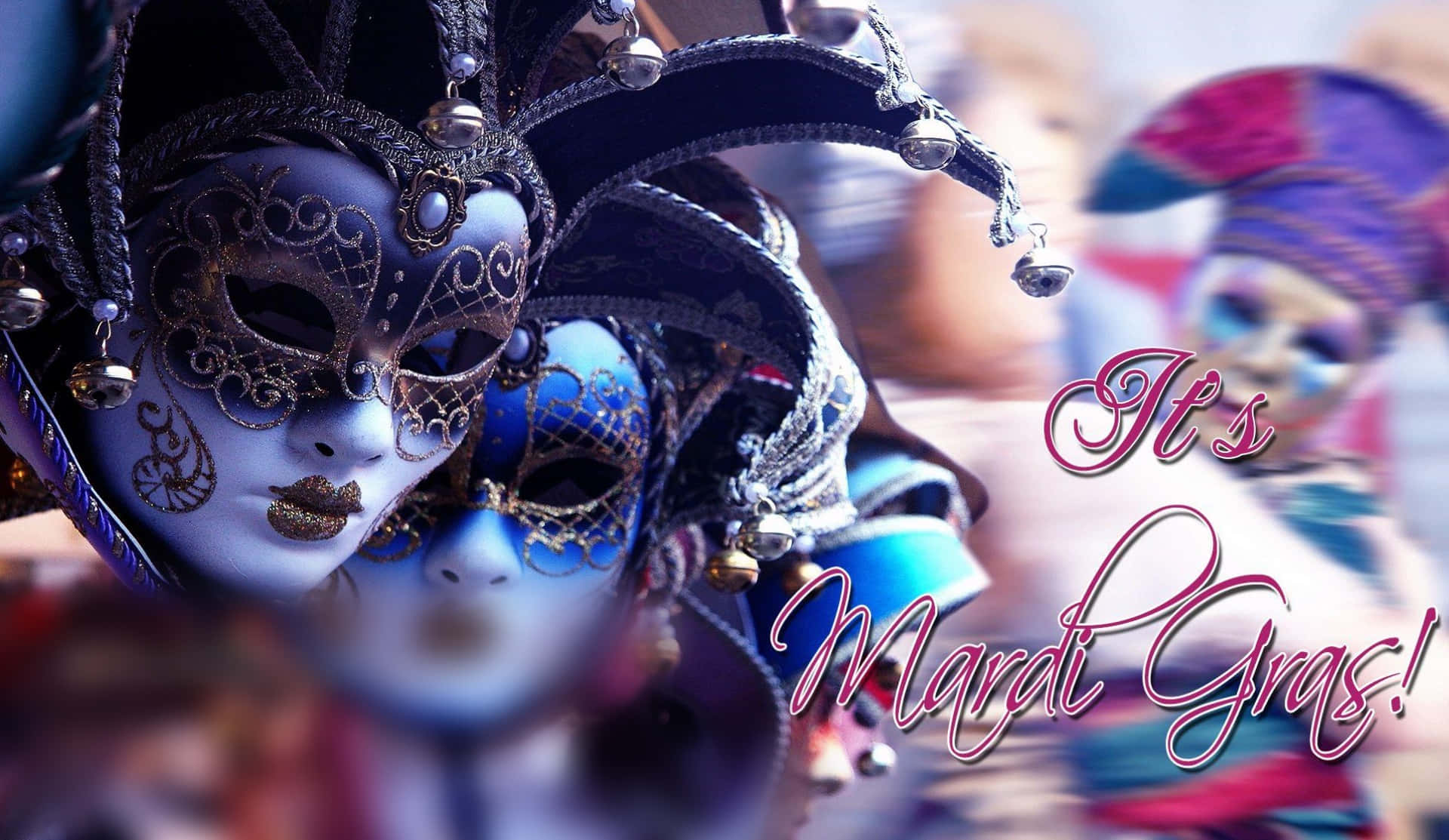 Venetian masks, blue and gold, bells, Full HD Desktop Wallpaper