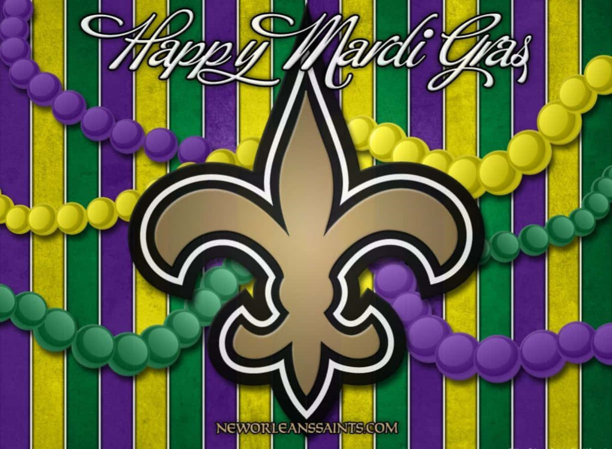 Mardi Gras, gold fleur-de-lis logo, purple green and gold beads, SD Desktop Wallpaper