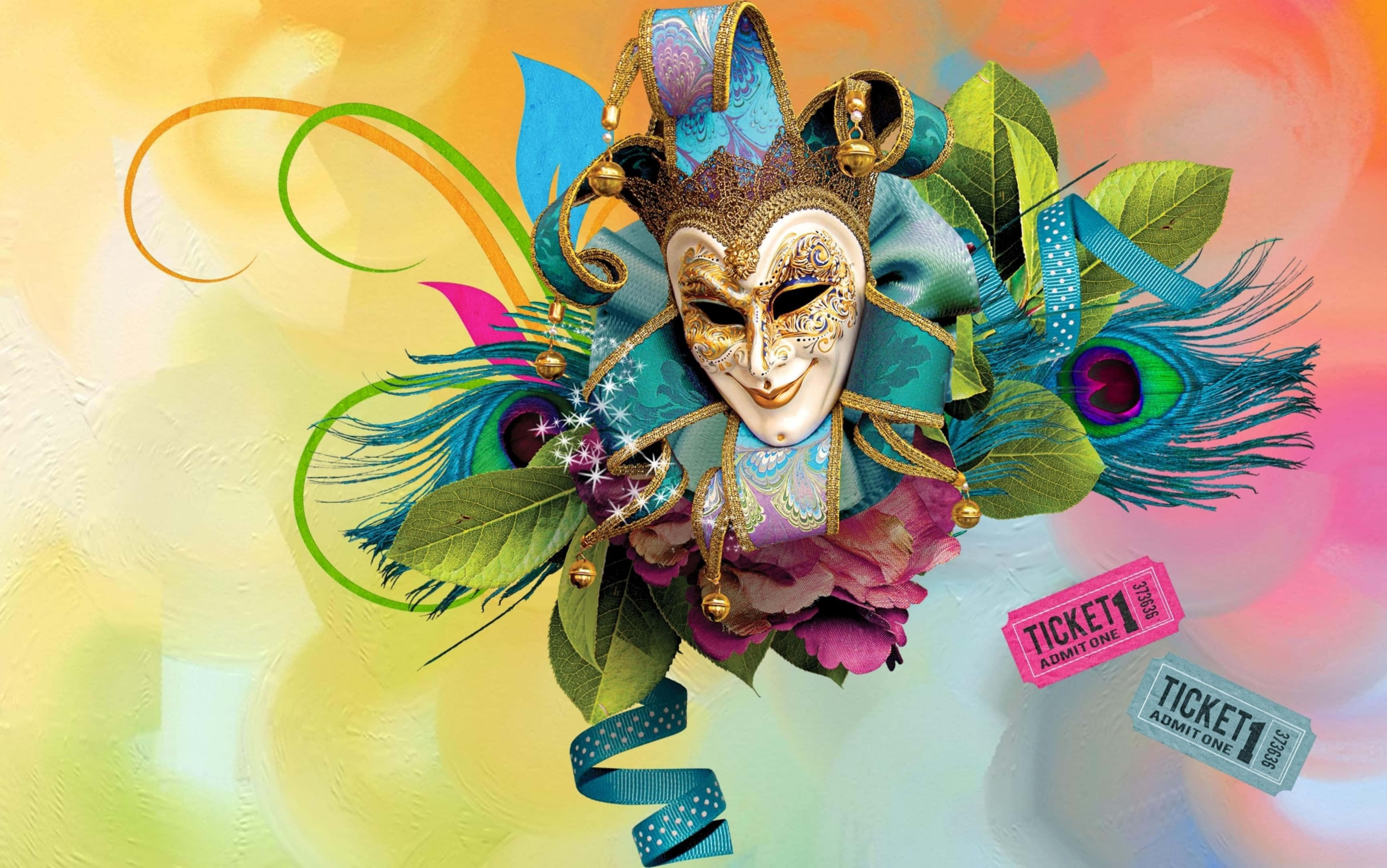 Mardi Gras, Venetian mask, peacock feathers, 2K Desktop Wallpaper