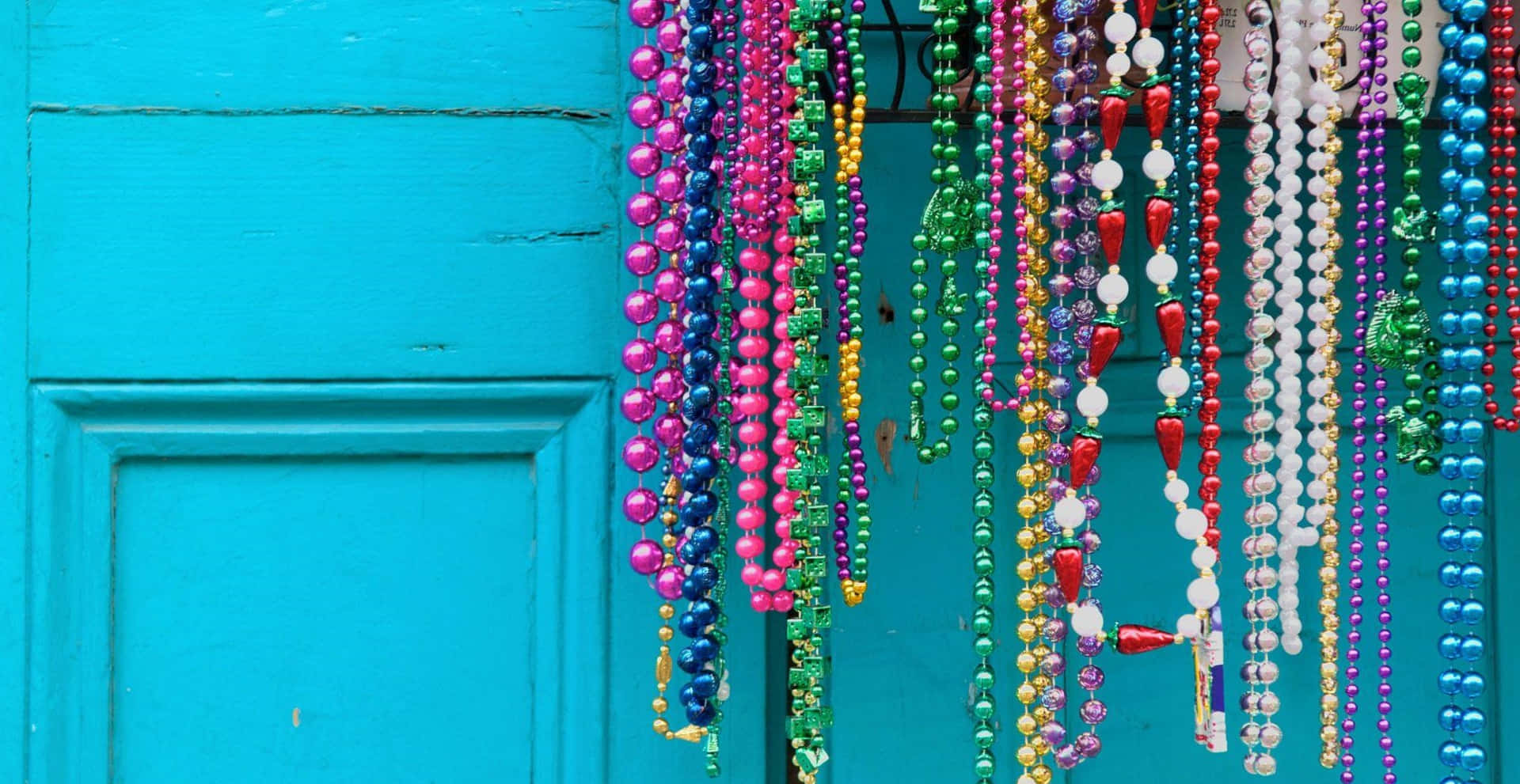 Mardi Gras, rainbow hues, weathered turquoise wooden door, Full HD Desktop Wallpaper