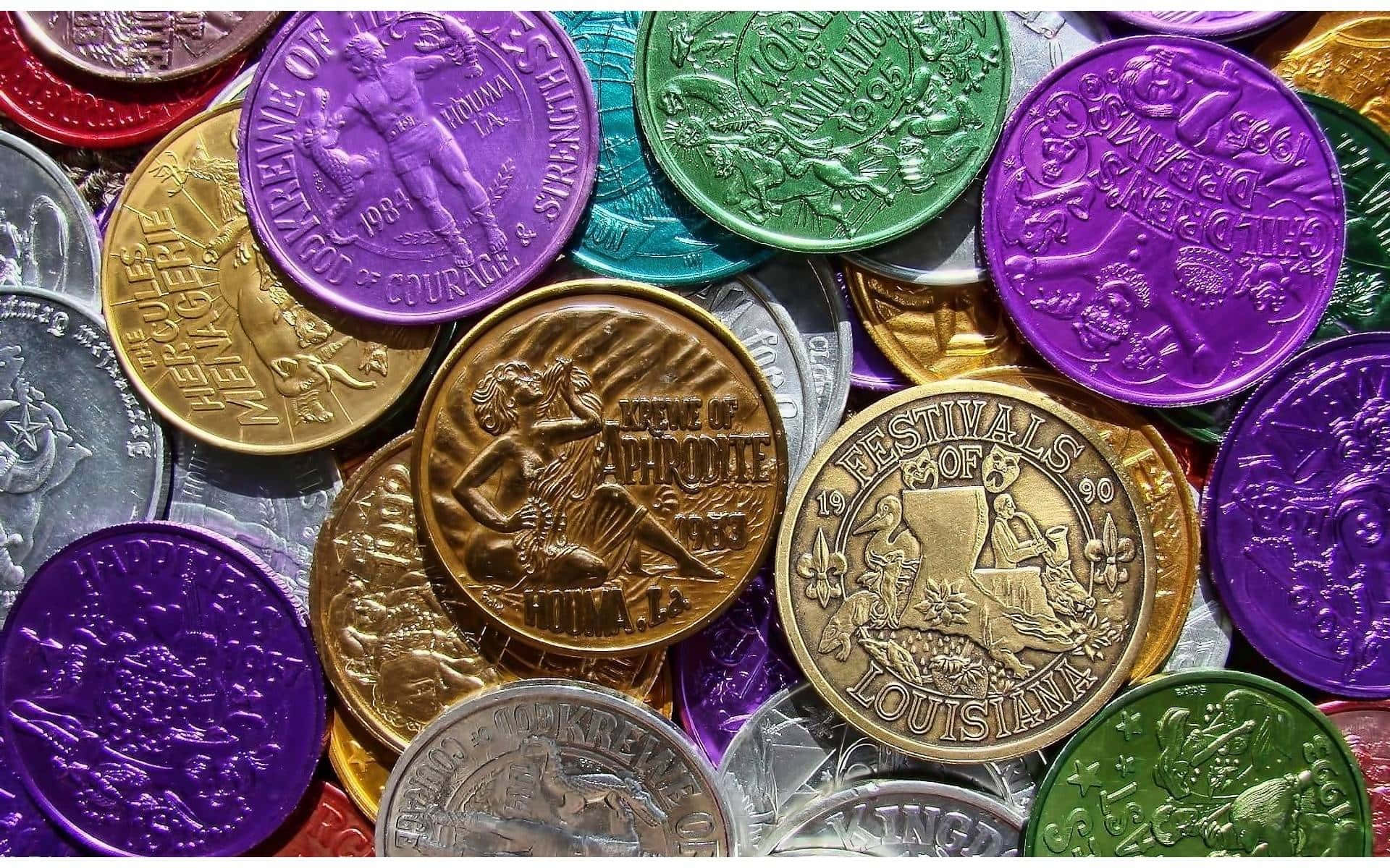 Mardi Gras, colorful commemorative coins, intricate embossed designs, Full HD Desktop Wallpaper
