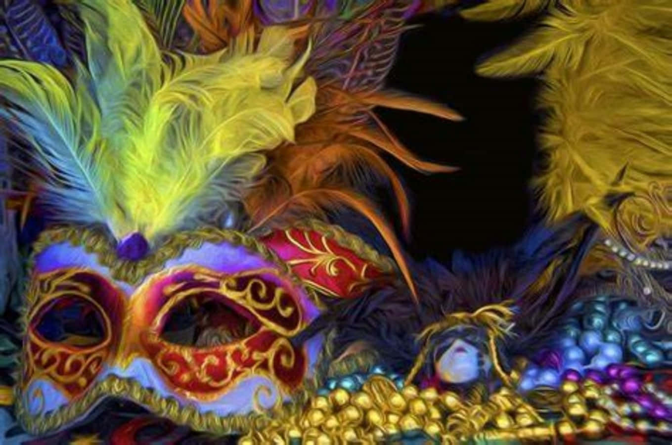 Mardi Gras, carnival masks, colorful feathers, HD Desktop Wallpaper
