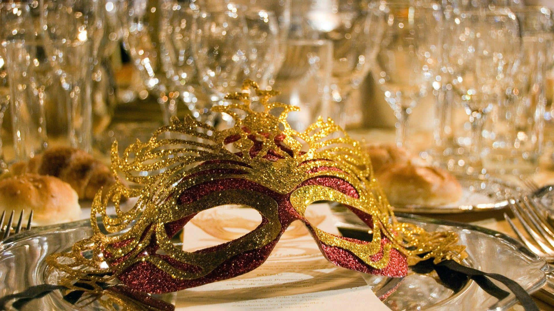 Mardi Gras, gold glitter, red Venetian mask, Full HD Desktop Wallpaper