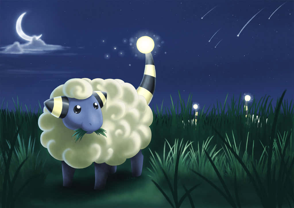 Mareep, blue, glowing striped tail, SD Desktop Wallpaper