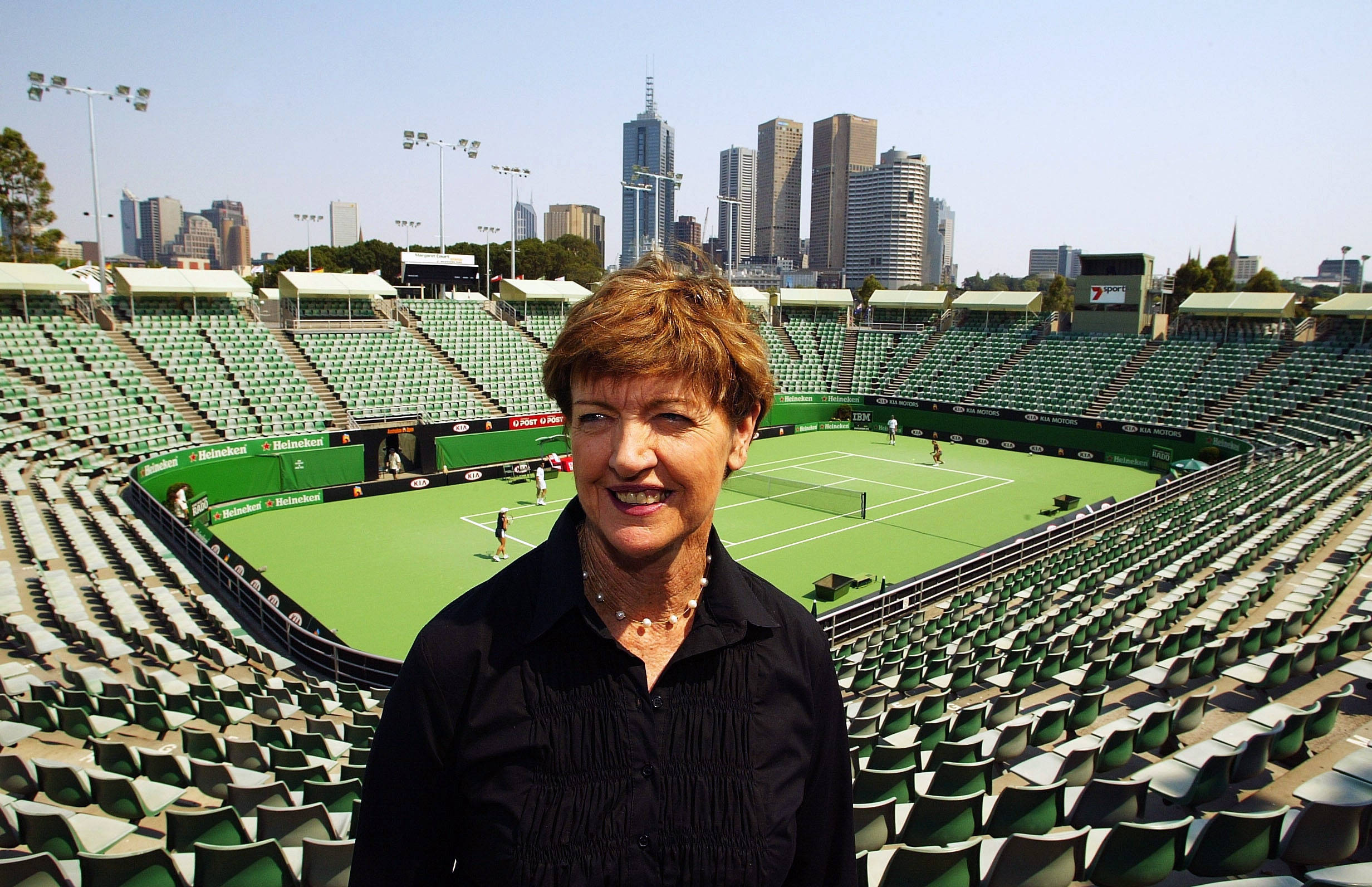 Margaret Court, green tennis stadium, city skyline, Full HD Desktop Wallpaper