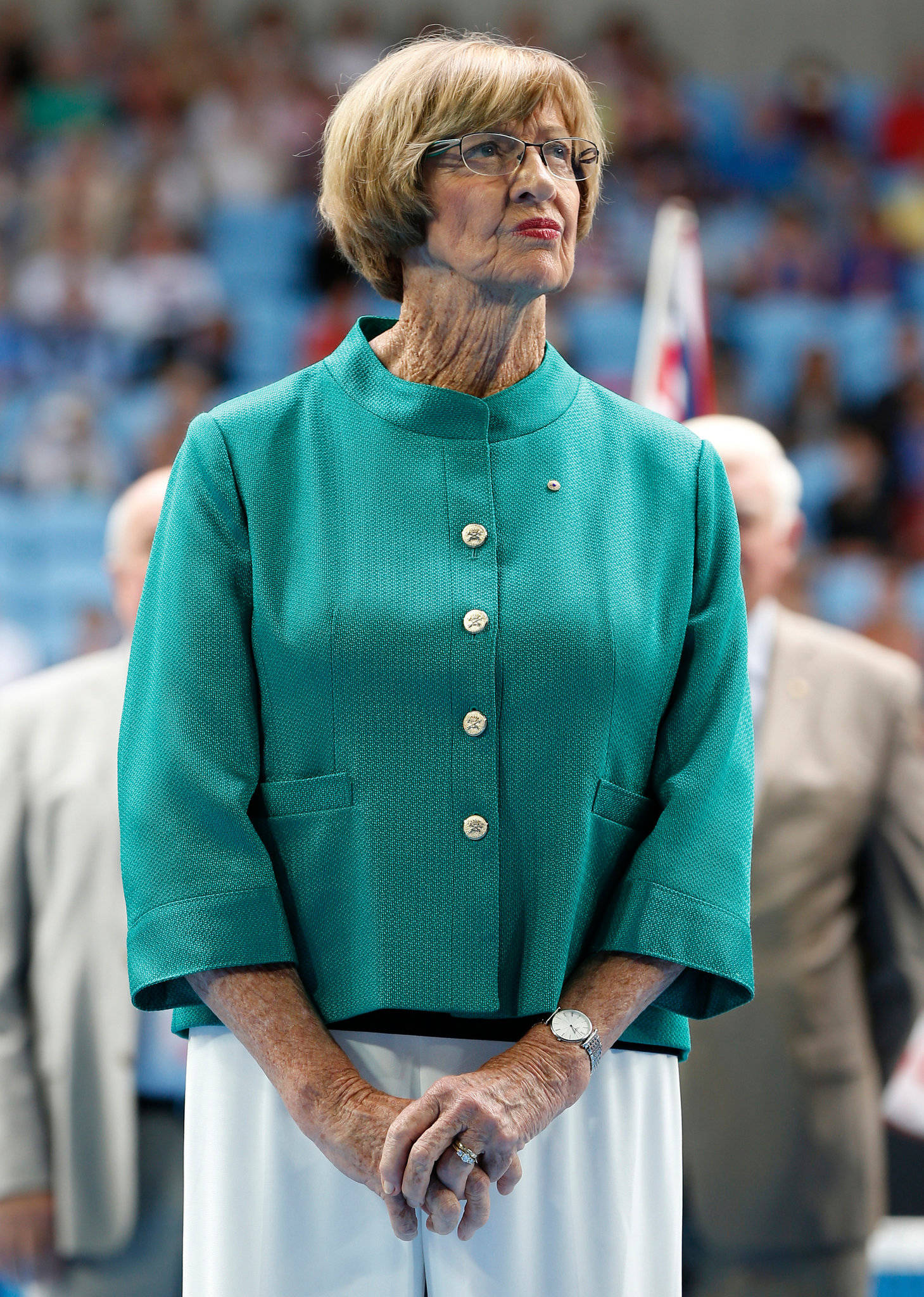 Margaret Court, teal textured jacket, white pants, Full HD Phone Wallpaper