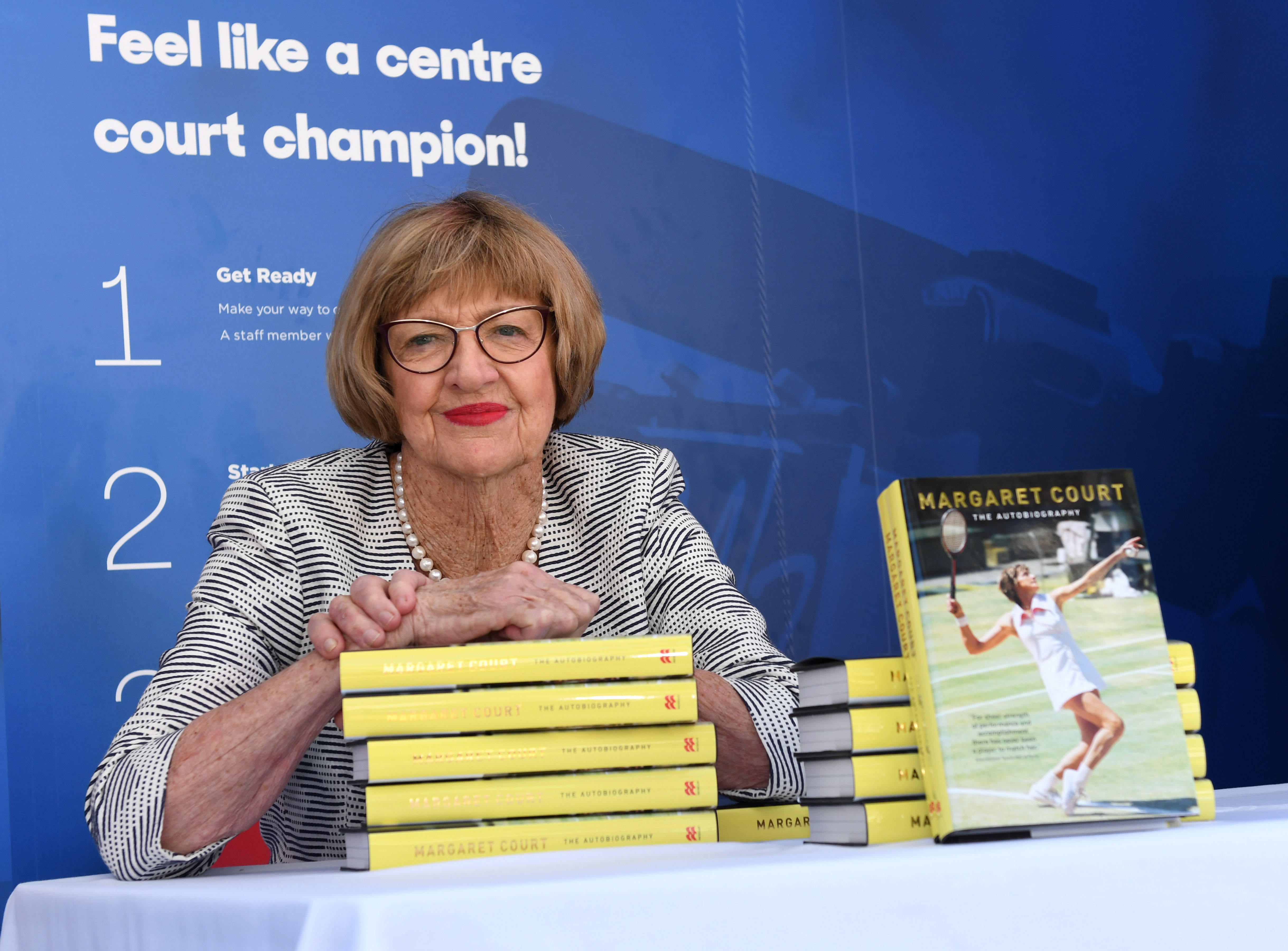 Margaret Court, yellow autobiography books, book launch event, 4K Desktop Wallpaper