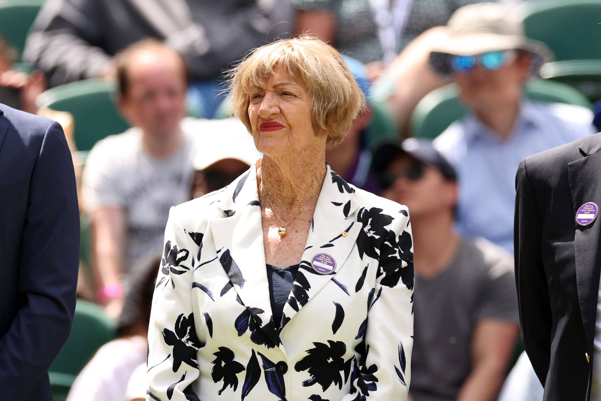 Margaret Court, white blazer, black floral patterns, Full HD Desktop Wallpaper