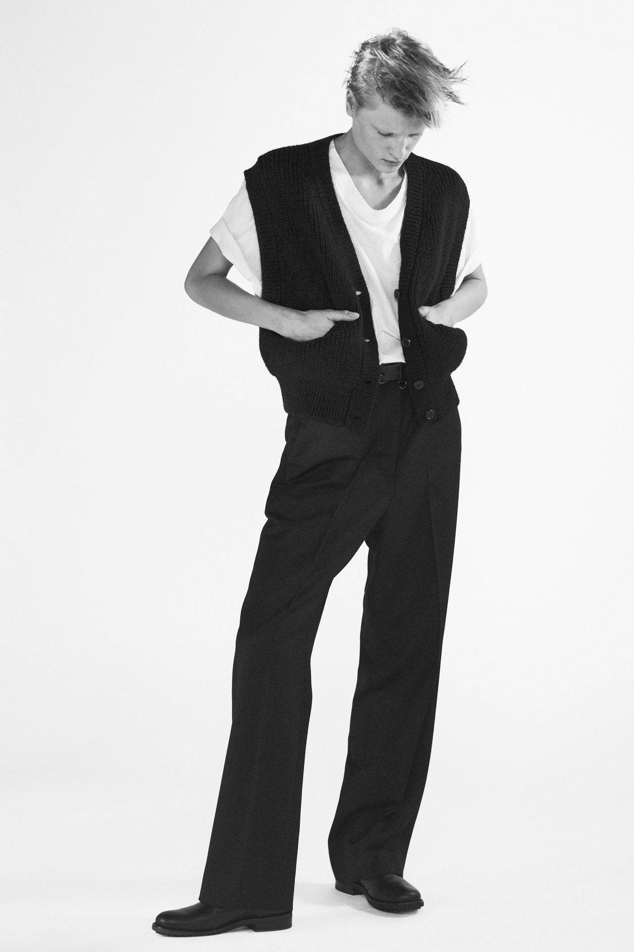 Margaret Howell, black knit vest, wide-leg trousers, Full HD Phone Wallpaper