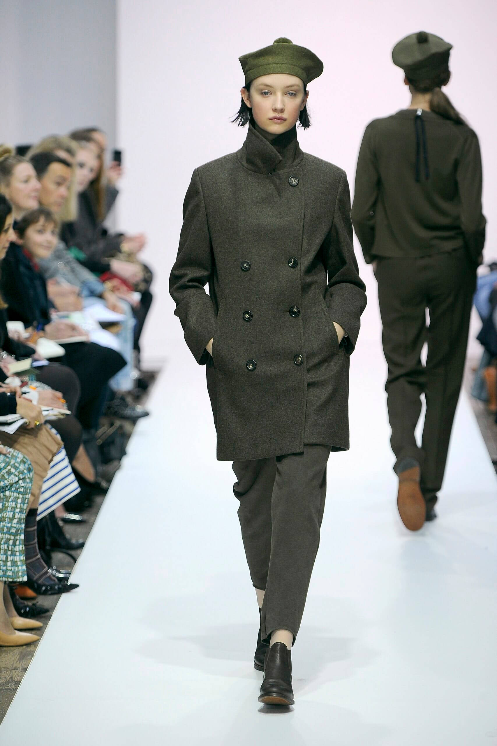 Margaret Howell, minimalist fashion philosophy, olive green coat, 2K Phone Wallpaper