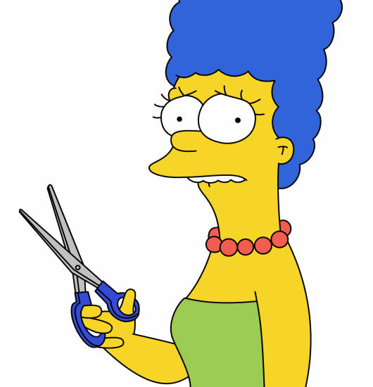 Marge Simpson, blue-handled scissors, plain white background, SD Phone Wallpaper
