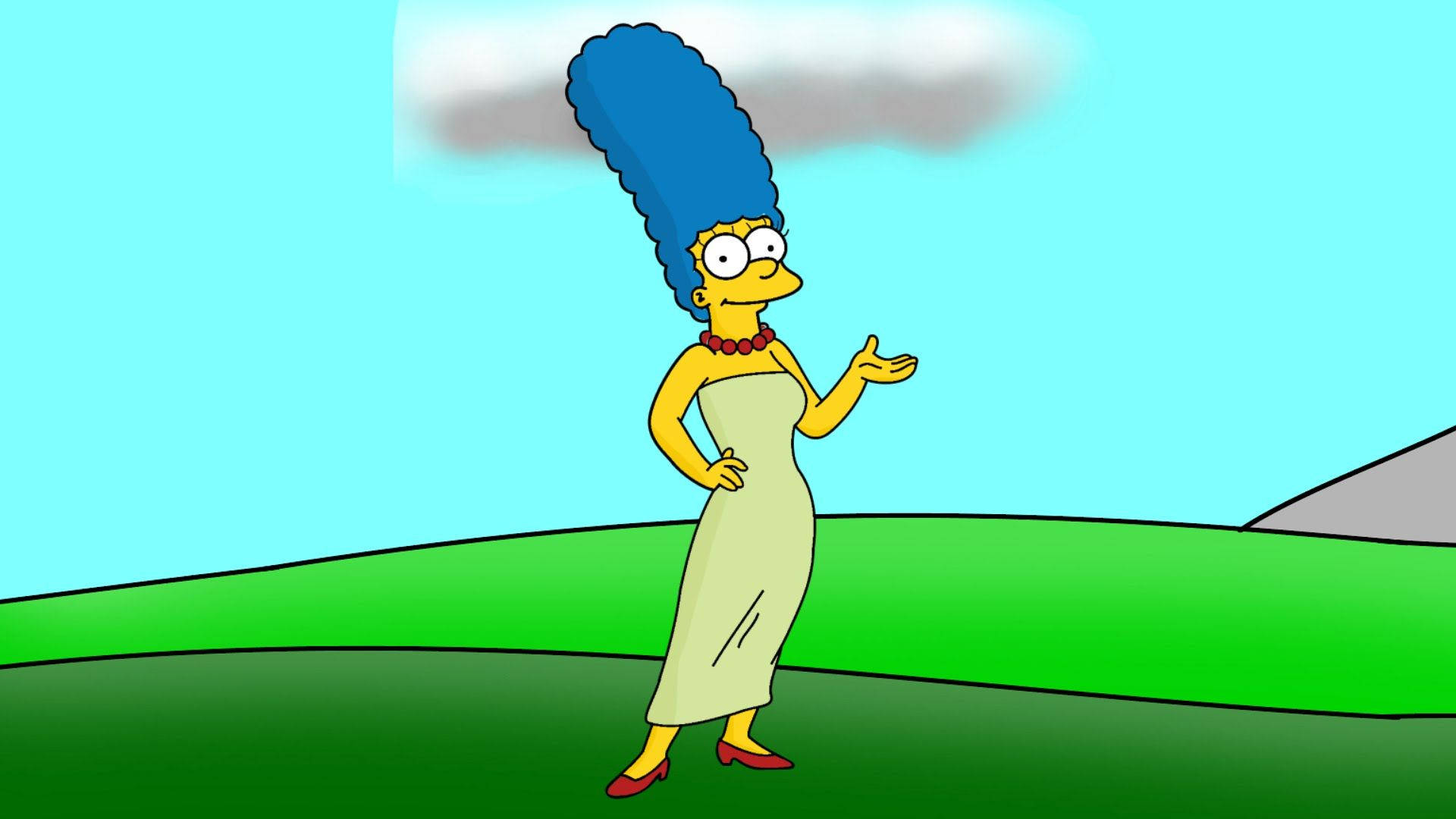 Marge Simpson, cartoon series, grassy field, Full HD Desktop Wallpaper
