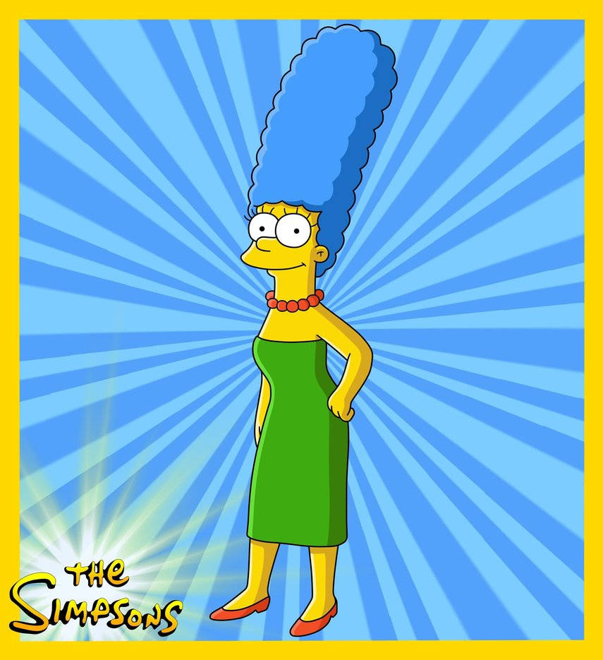 Marge Simpson, green dress, blue radiating background, SD Phone Wallpaper