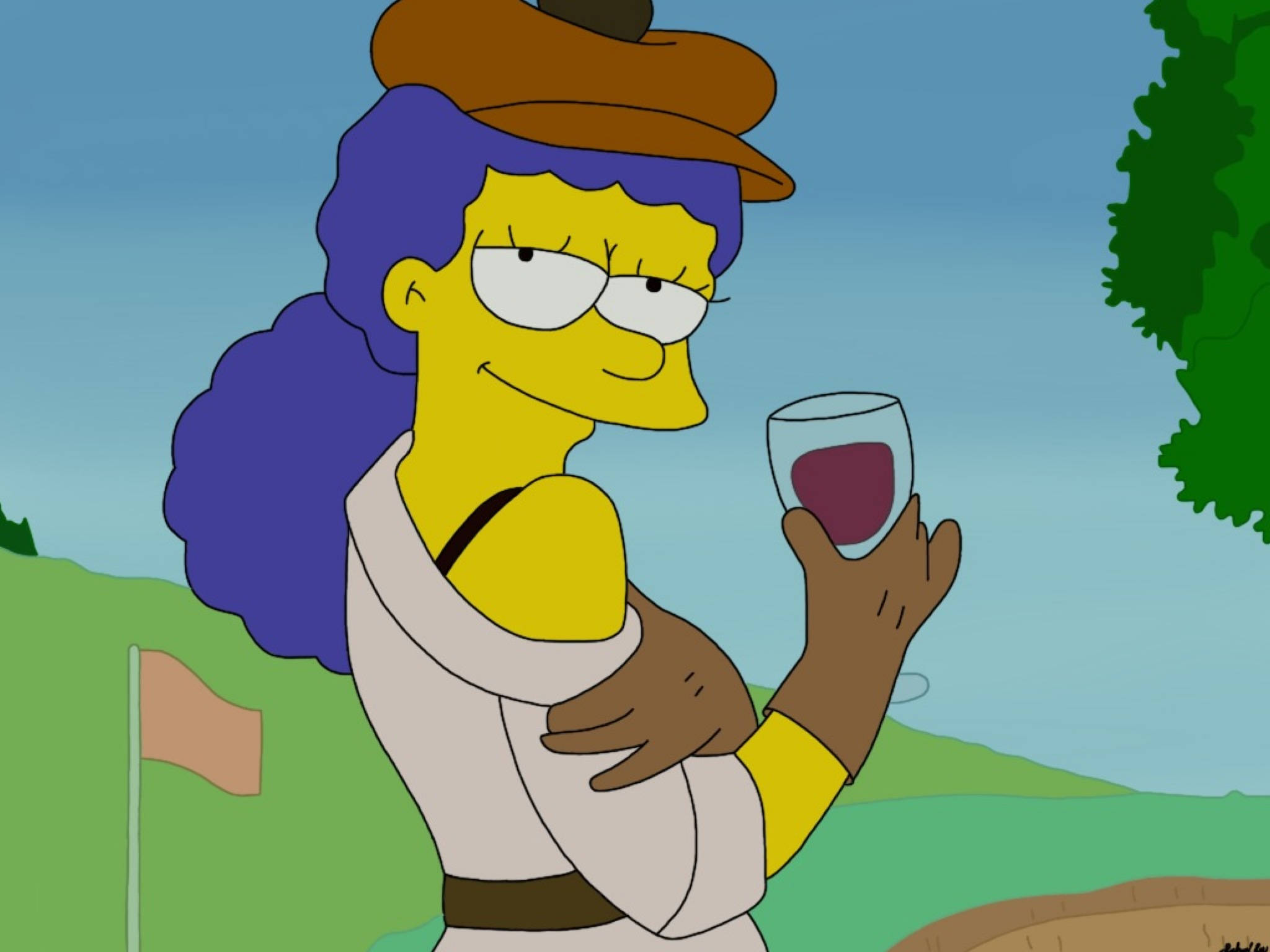 Marge Simpson, beret, red wine, Full HD Desktop Wallpaper